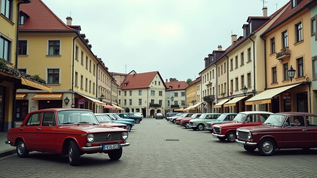 Kėdainių rotušės aikštė XX amžiuje su automobiliaiš ir šiuolaikiniais pastatais fone