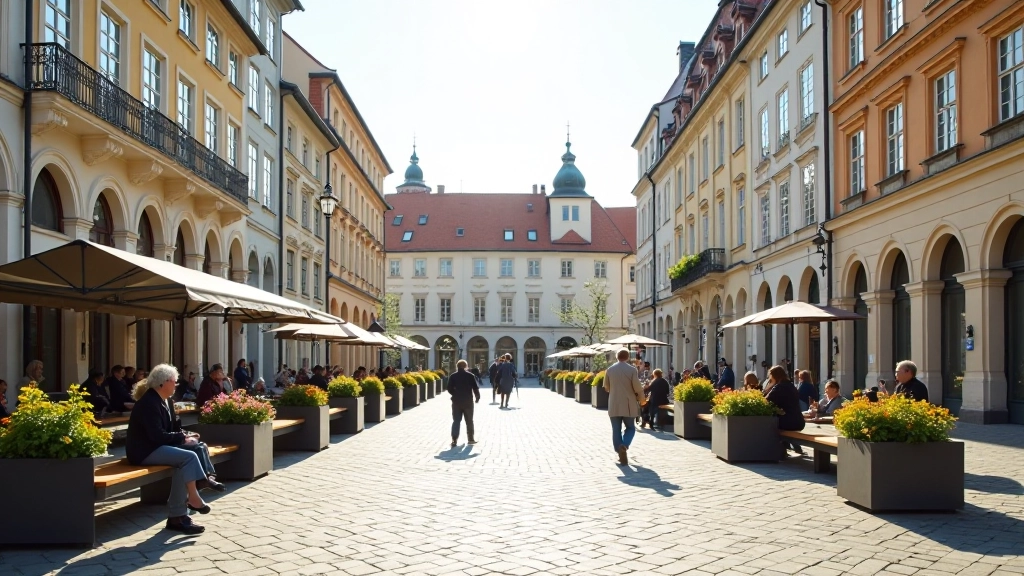 Modernios Kėdainių rotušės aikštės vaizdas su žmonėmis, sėdinčiais ir vaikštinėjančiais, žalumynais ir restauruota grindimi