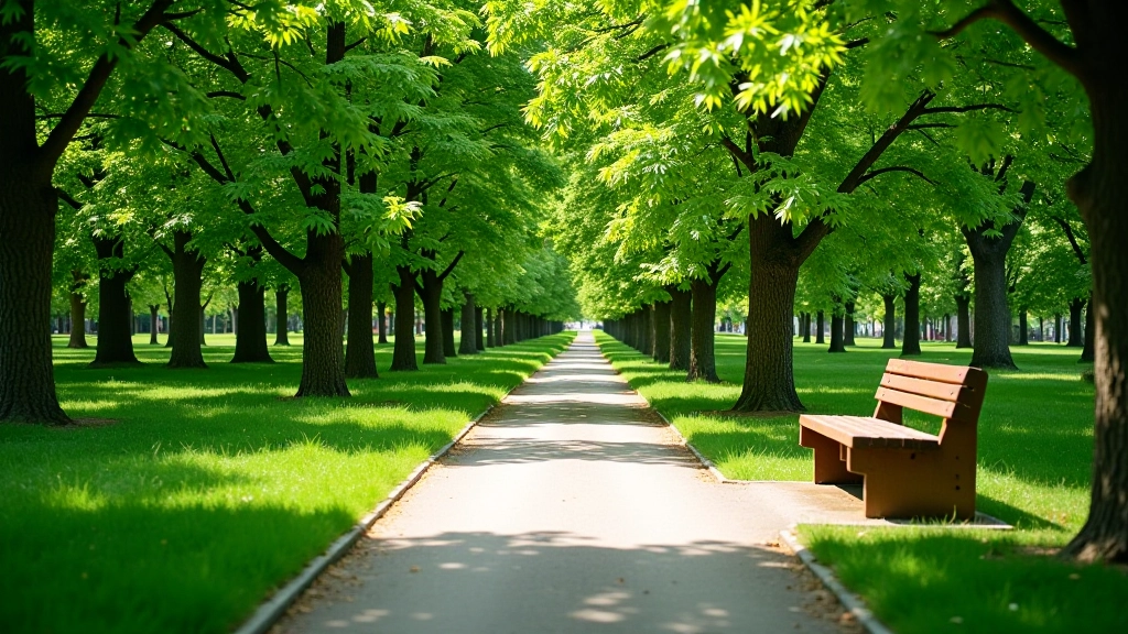 Kelias pro žalią parką su suoliais, šešėlyje medžių, žymi kelią rodanti rodyklė